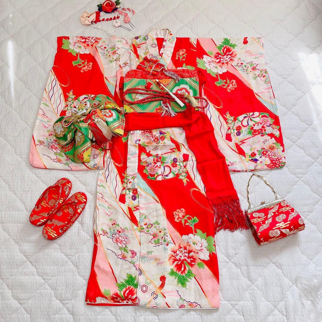 七五三　着物セット 7歳　赤×緑　レトロ