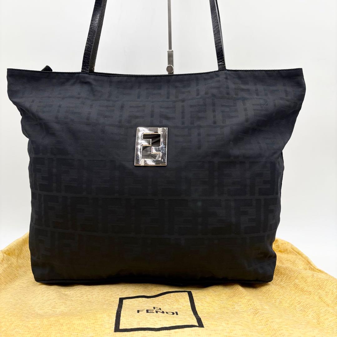 美品✨FENDI トートバッグ FF ロゴ ズッカ柄 ナイロン×レザー 黒