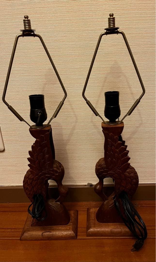 木彫　鶴　2つセット　テーブルライト　フロアライト　シェードなし　アンティーク