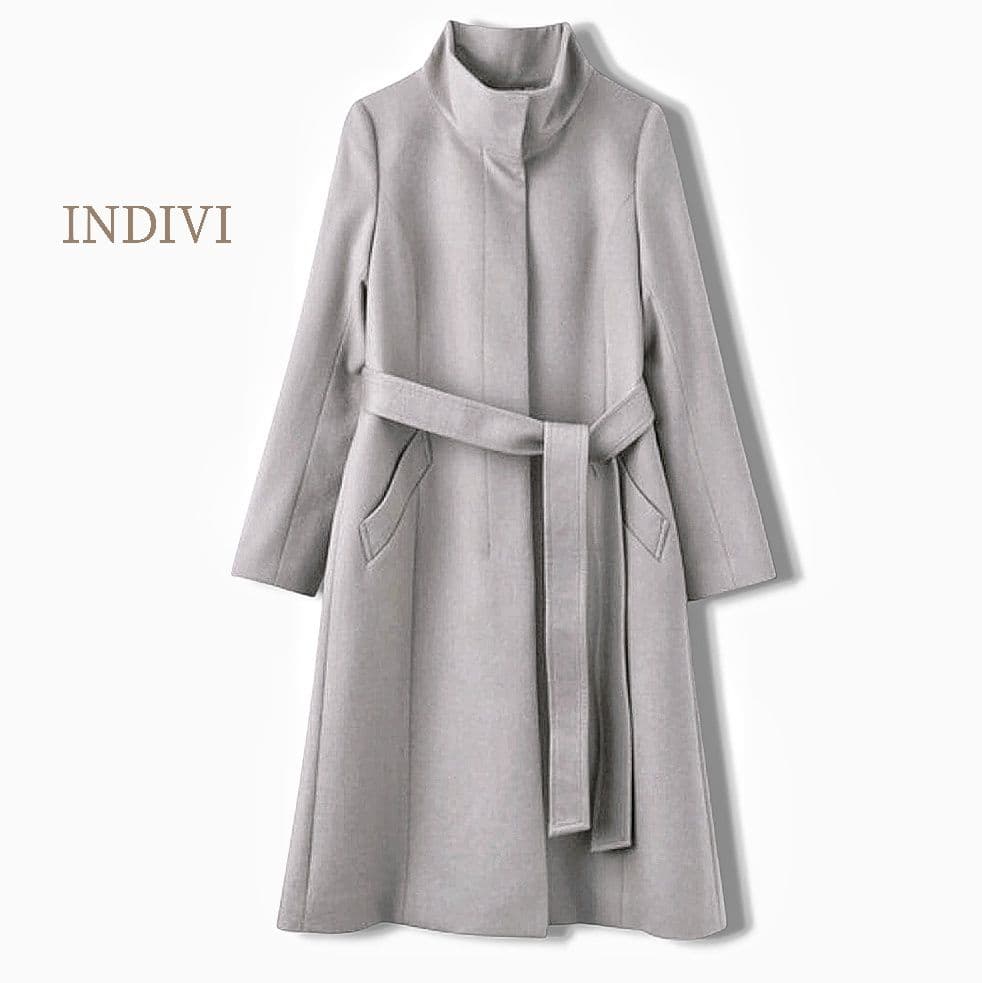 INDIVI／カシミヤ混 スタンドカラーコート 比翼 グレー ベルト付きロング丈