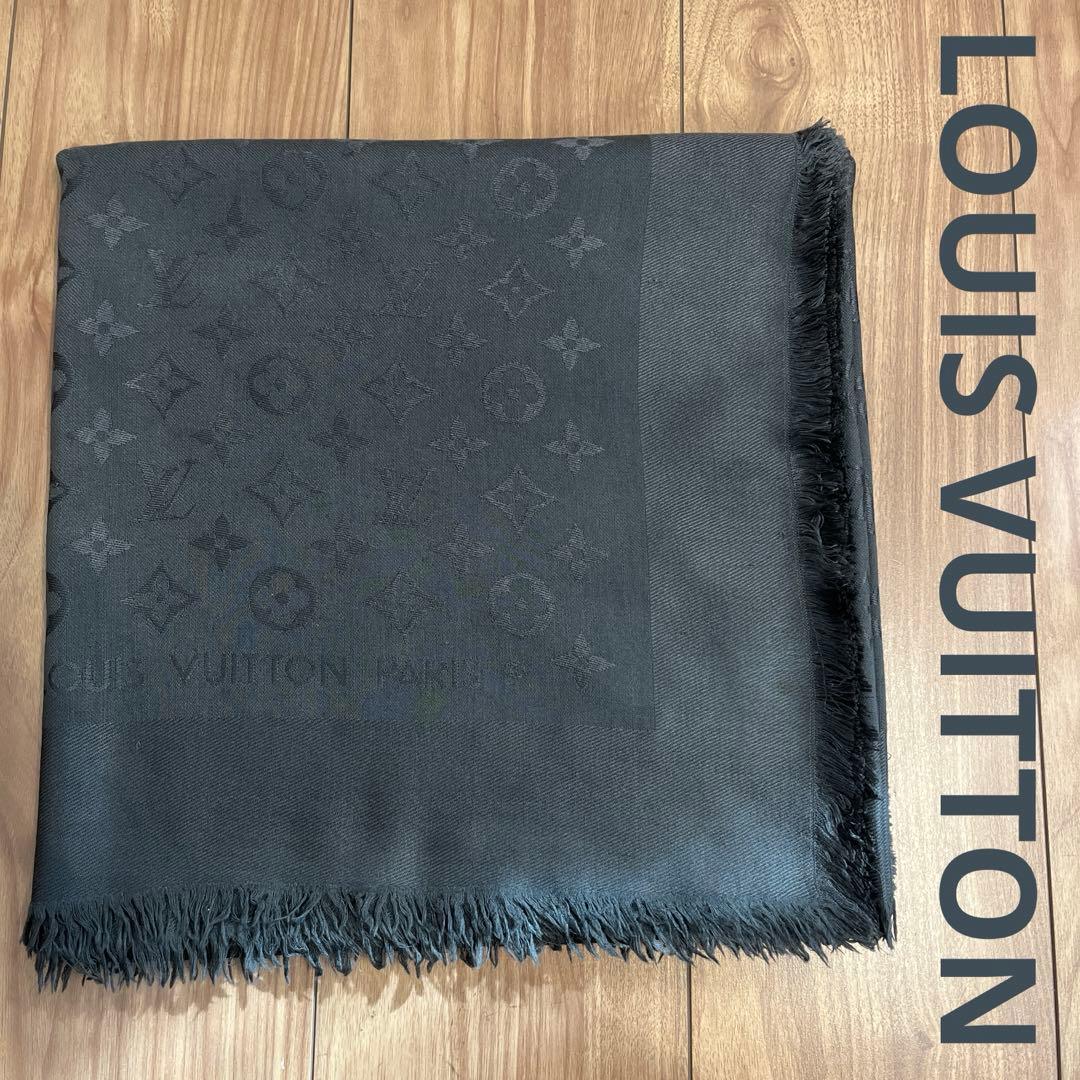 ルイヴィトン　大判ストール　グレー　シルク　ウール　灰色　スカーフ　マフラー