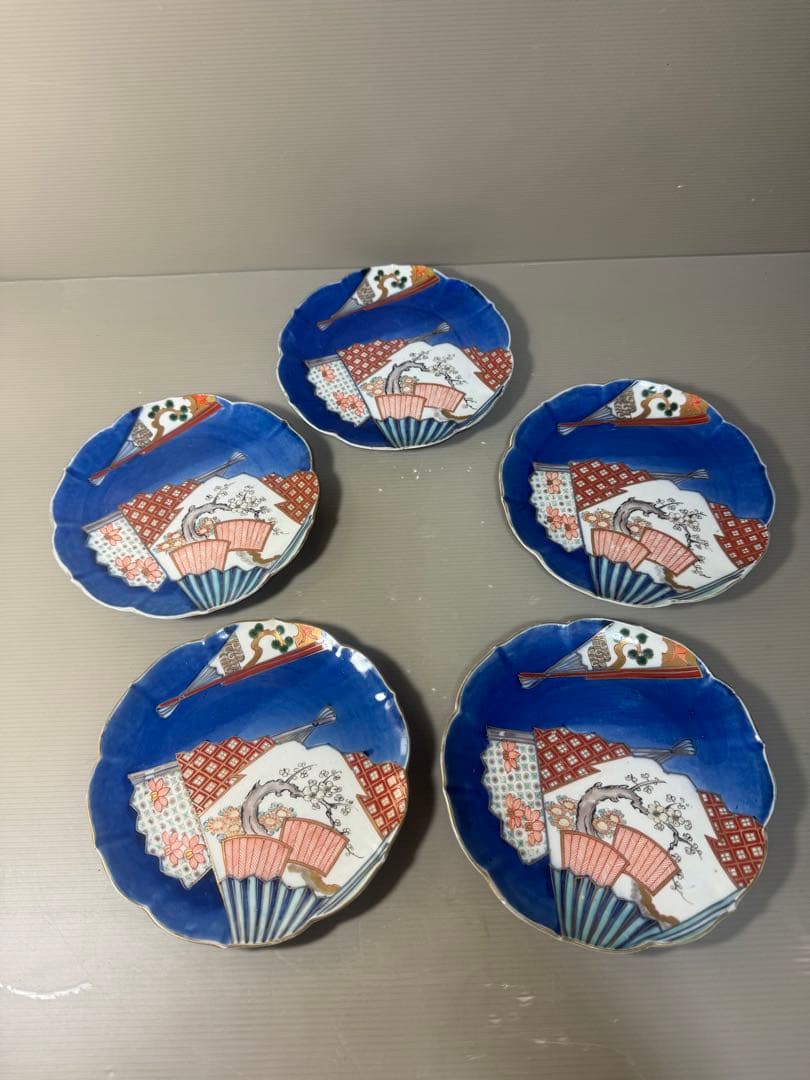 2644 中国骨董　大明萬暦年製銘　扇文　裏に龍文　皿　5客　時代物