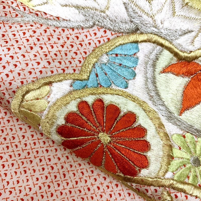 511ag14□七五三 七歳 女児 着物&袋帯 総刺繍 松 丸文 オフホワイト□