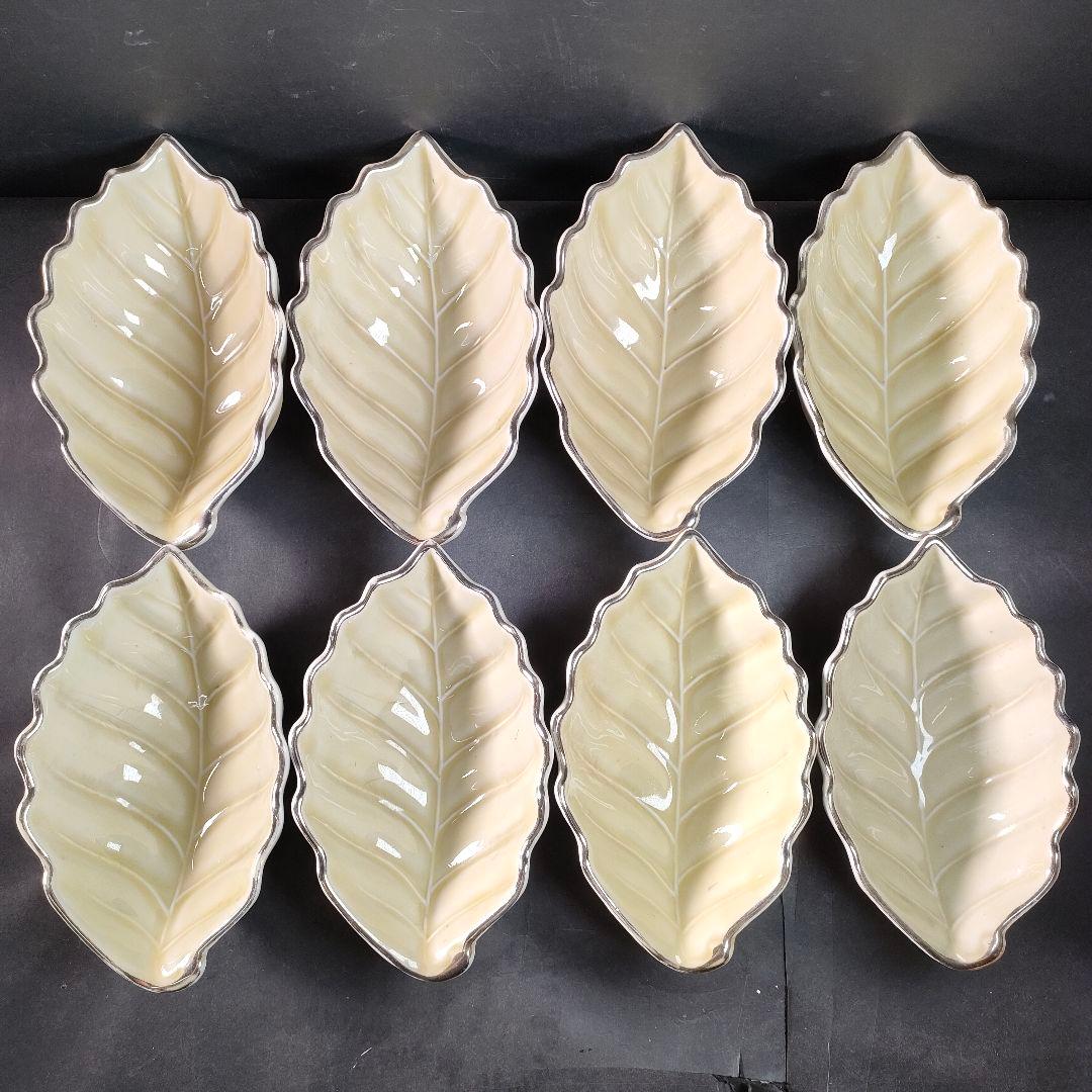 C13-1/在銘/プラチナ縁 刺身皿大8客・小8客/共箱/葉形皿/小皿/向付