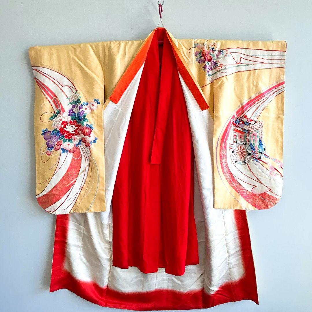 セット　七五三７歳女の子　着物＆作り帯＆袖なし長襦袢＆小物　クリーム色　花御所