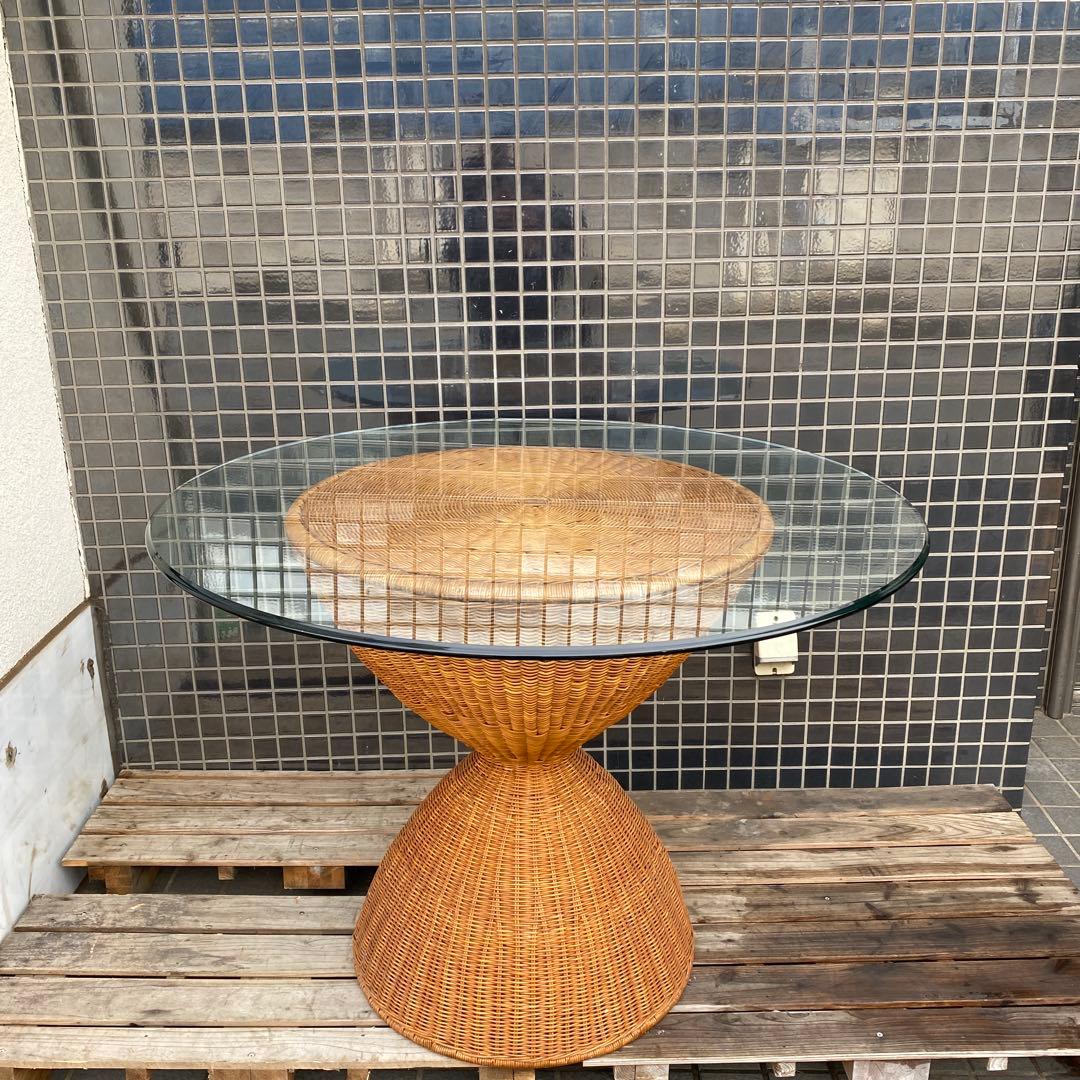 ラタン ヴィンテージダテーブル インテリア ガラス天板 店舗什器
