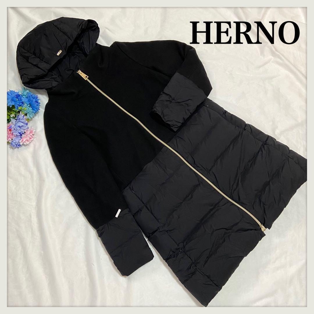 ヘルノ HERNO 異素材切替 フード付 ロングダウンコート