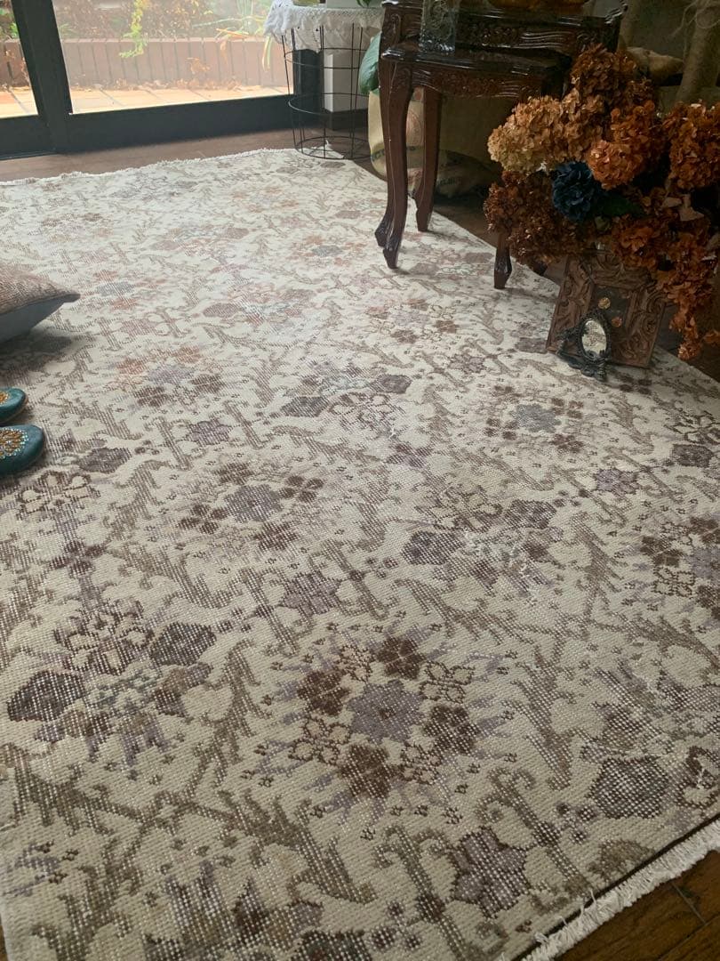 トルコヴィンテージラグ　206×119 フラワー　均等モロッカンタイル　ブラウン