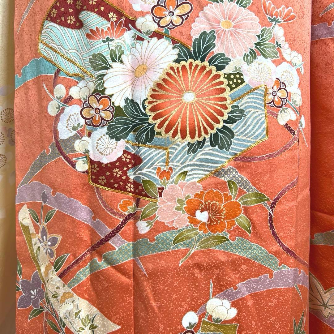 486 振袖フルセット 正絹 渋桃 クリーム 金彩 駒刺繍 暈し染め 長身さん