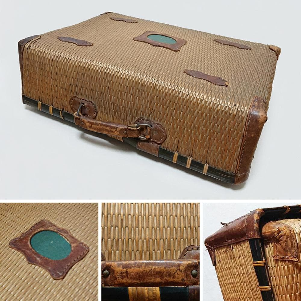 【木】　★ 竹木 柳編み収納鞄 ★　時代物　柳枝 本革 店舗什器　民俗雑項