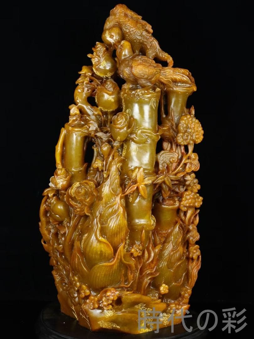 中国古美術 【寿山田黄石 竹報平安】呉昌碩作款 細密彫 手彫り 在銘 賞石 置物