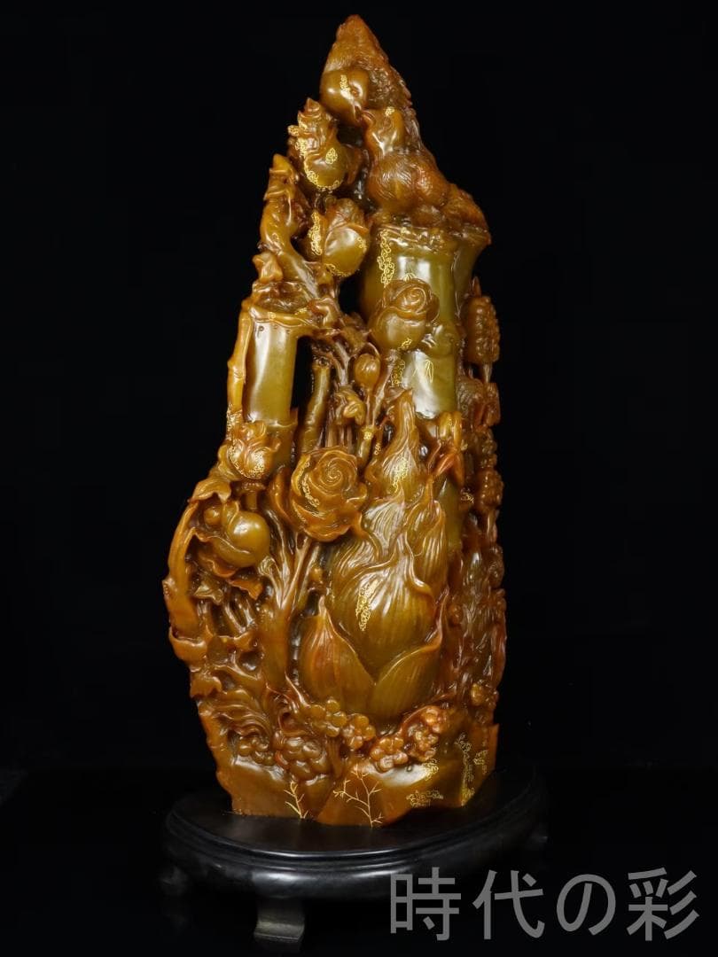 中国古美術 【寿山田黄石 竹報平安】呉昌碩作款 細密彫 手彫り 在銘 賞石 置物