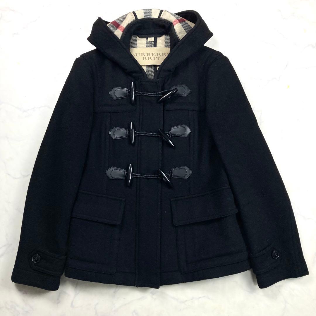 未使用級 バーバリーブリット ショート ダッフルコート　黒 メガネチェック