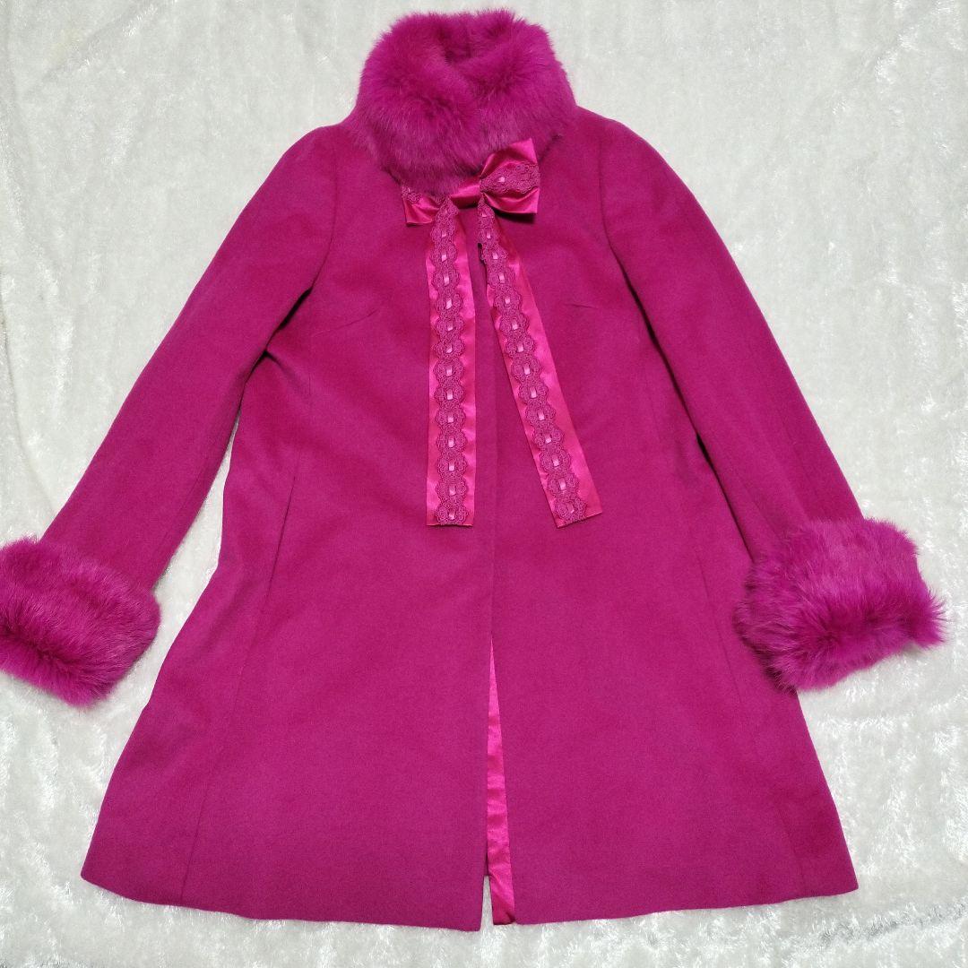 美品リアルファーレースリボンピンク コート38高級カシミア混