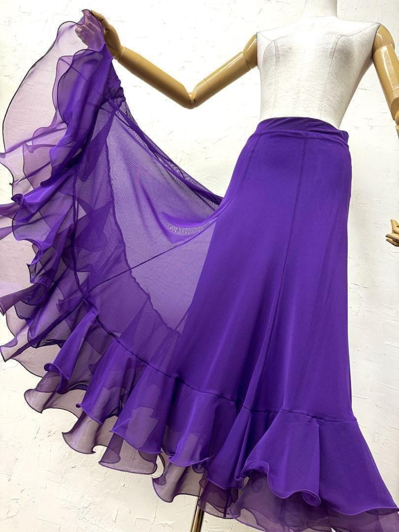 【シンプル】新品ふんわりチュール裾2段 社交ダンス　ロングフレアスカート紫ｂ65