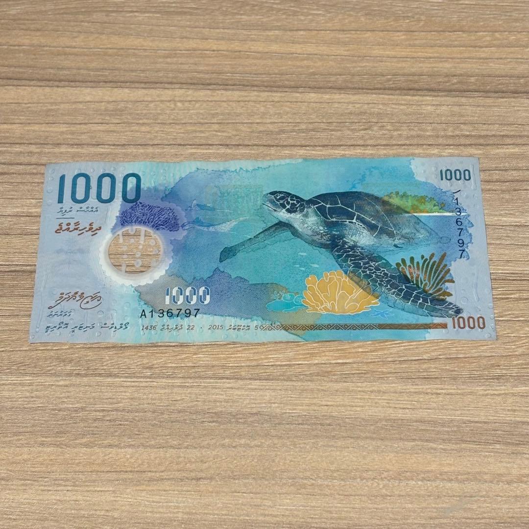 モルディブ　ルフィア　1000ルフィア(MVR) 紙幣　ジンベイザメ　ウミガメ