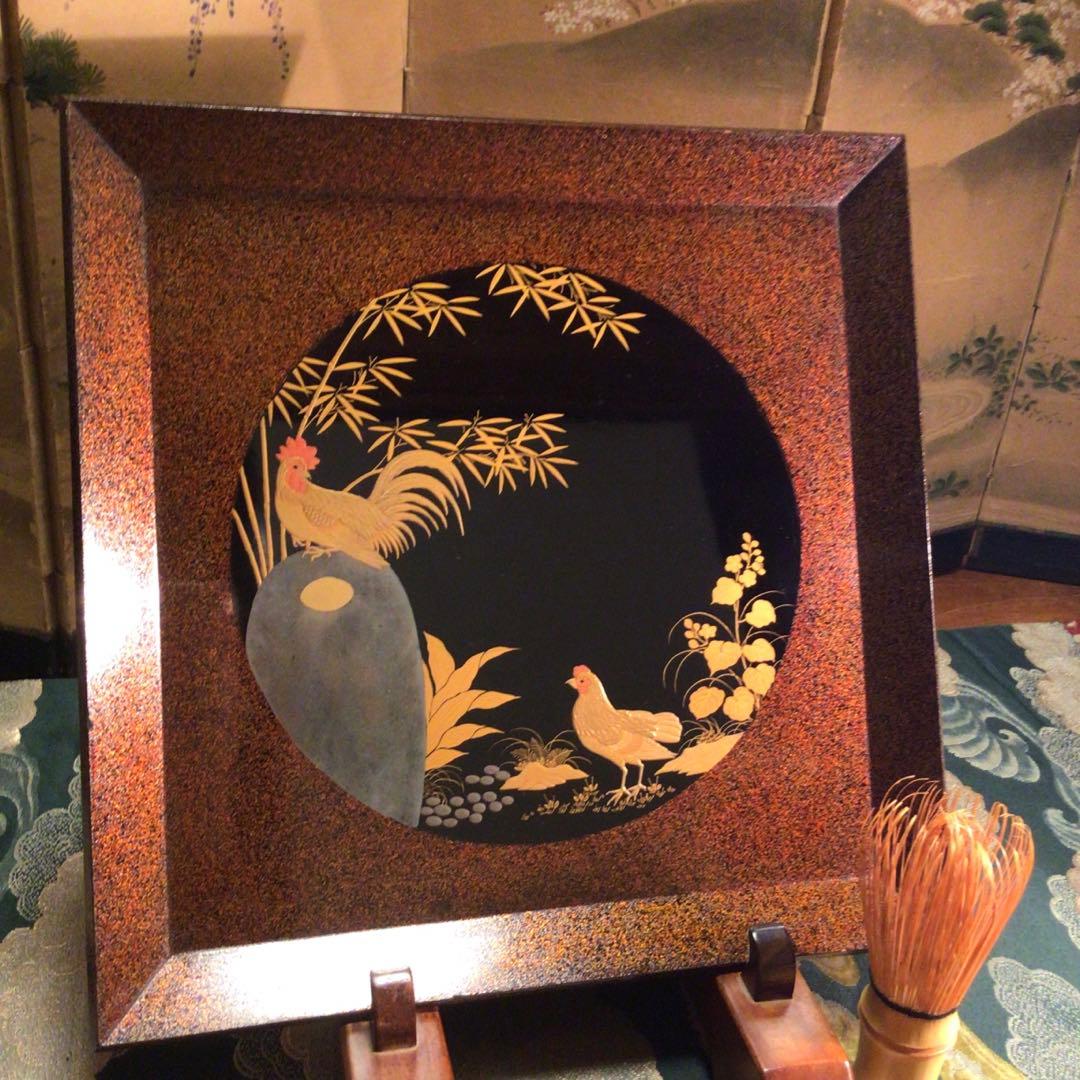 〝特別出品〟木製漆器　極上輪島塗　花鳥紋様蒔絵　絵替　梨地盆（銘　秀穂）10枚