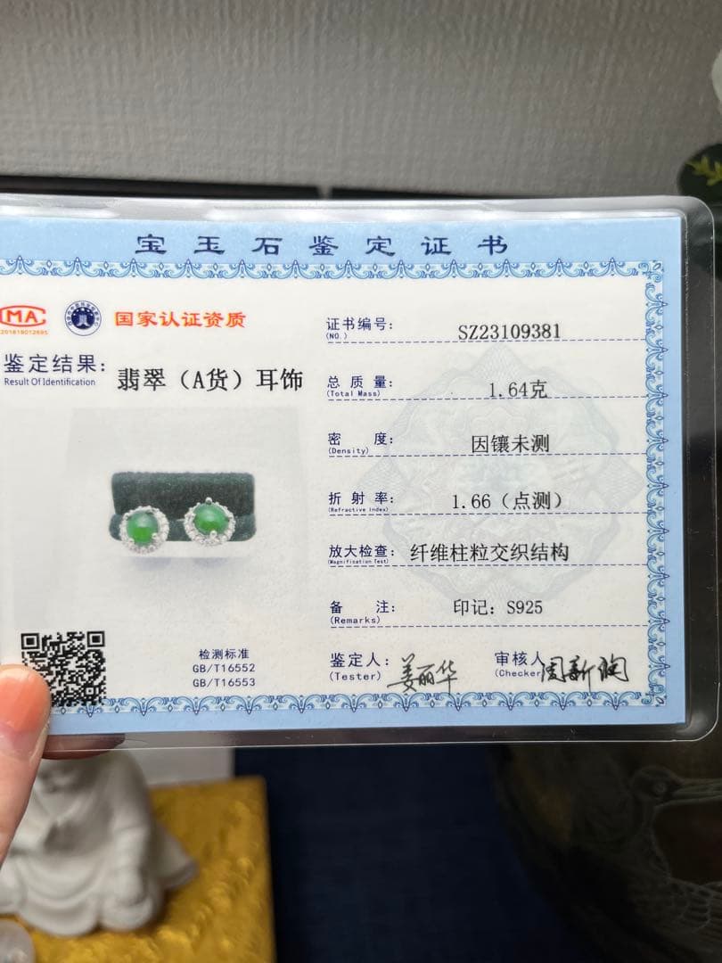 新入荷❣️天然本翡翠ロウカン質翡翠・色が極めて満氷陽緑ピアス　鑑定書付き