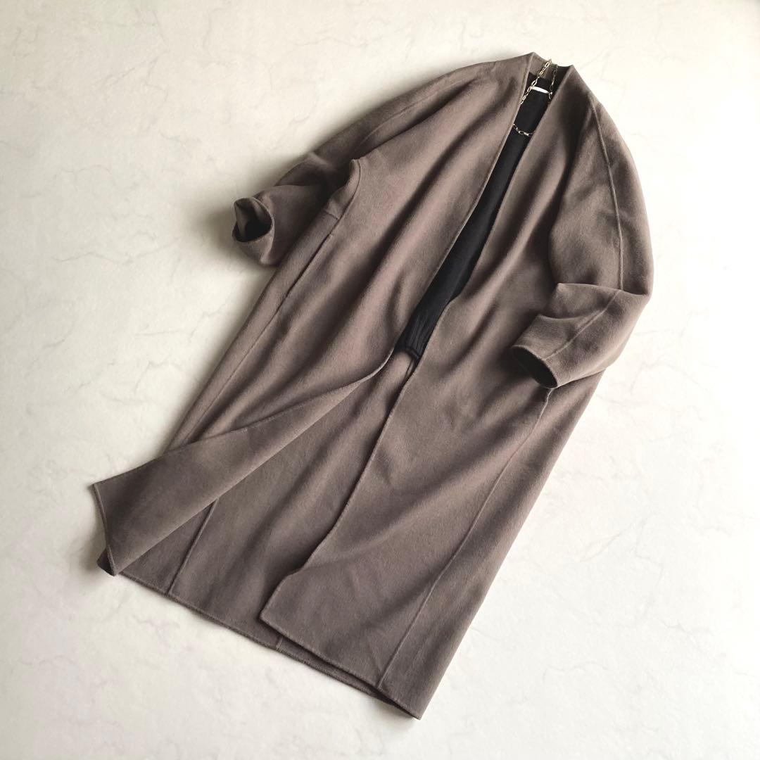 Plage Beaver ノーカラー ロングコート モカ サイズ38