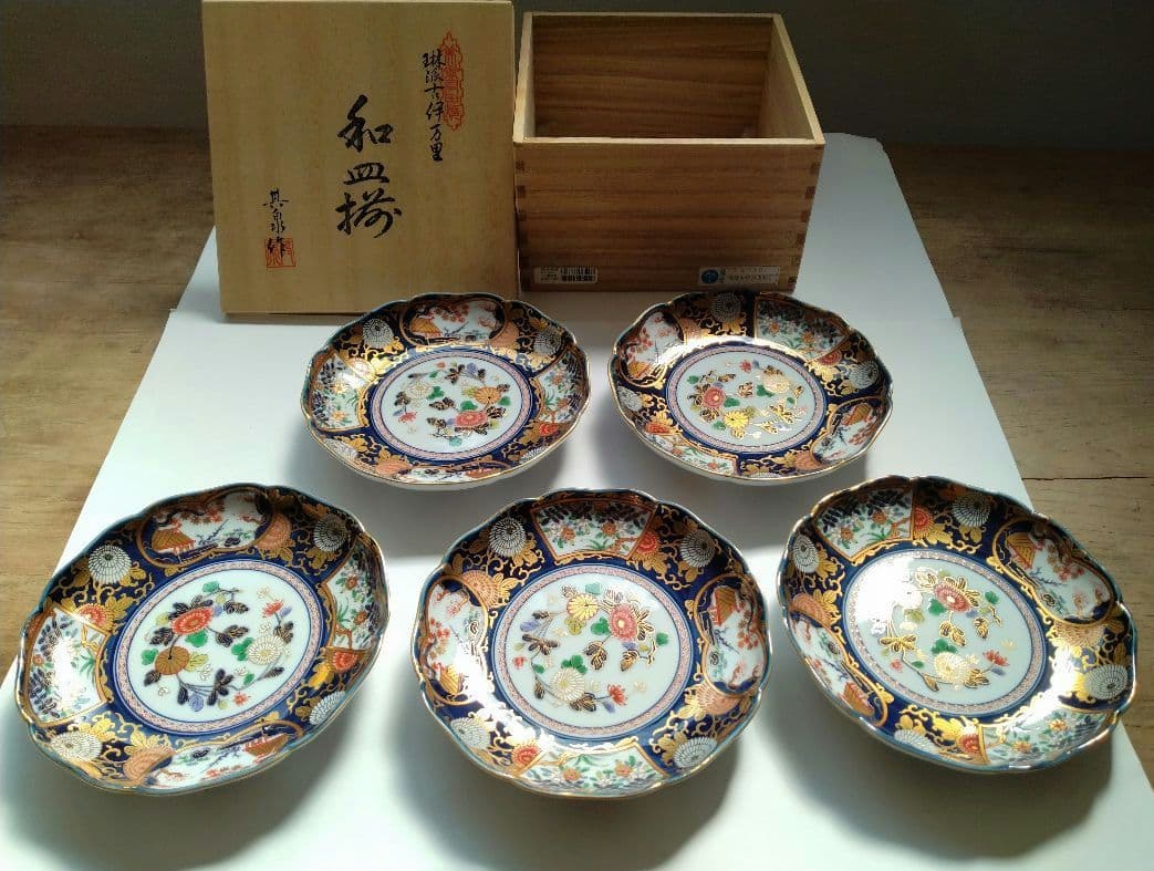 有田焼 其泉作 琳派古伊万里 和皿揃 5客 木箱 金彩 豪華 プレート 手描き