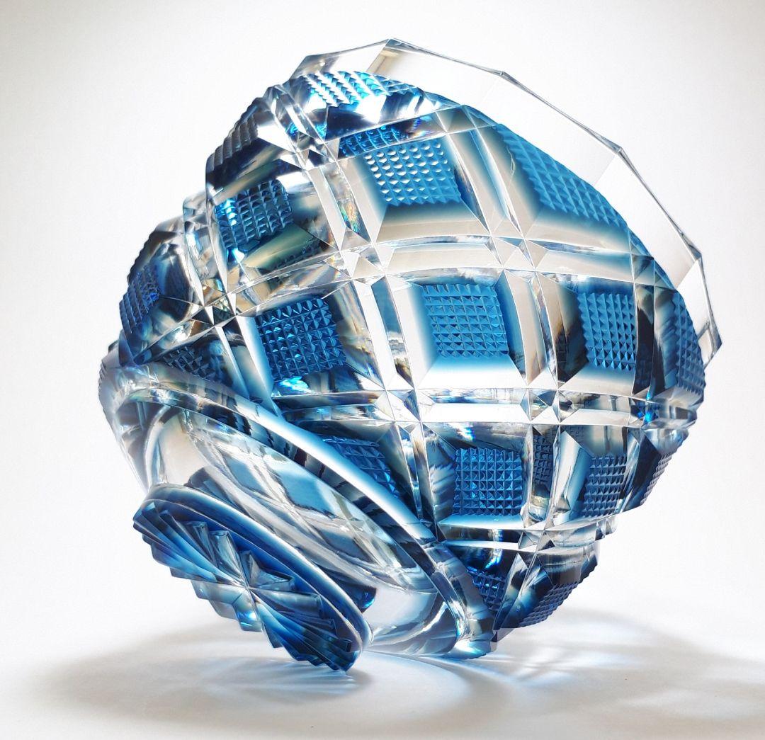 薩摩切子　カメイガラス　藍被　切子 碗　　　重矢来紋様　作家物　【入手困難作品】