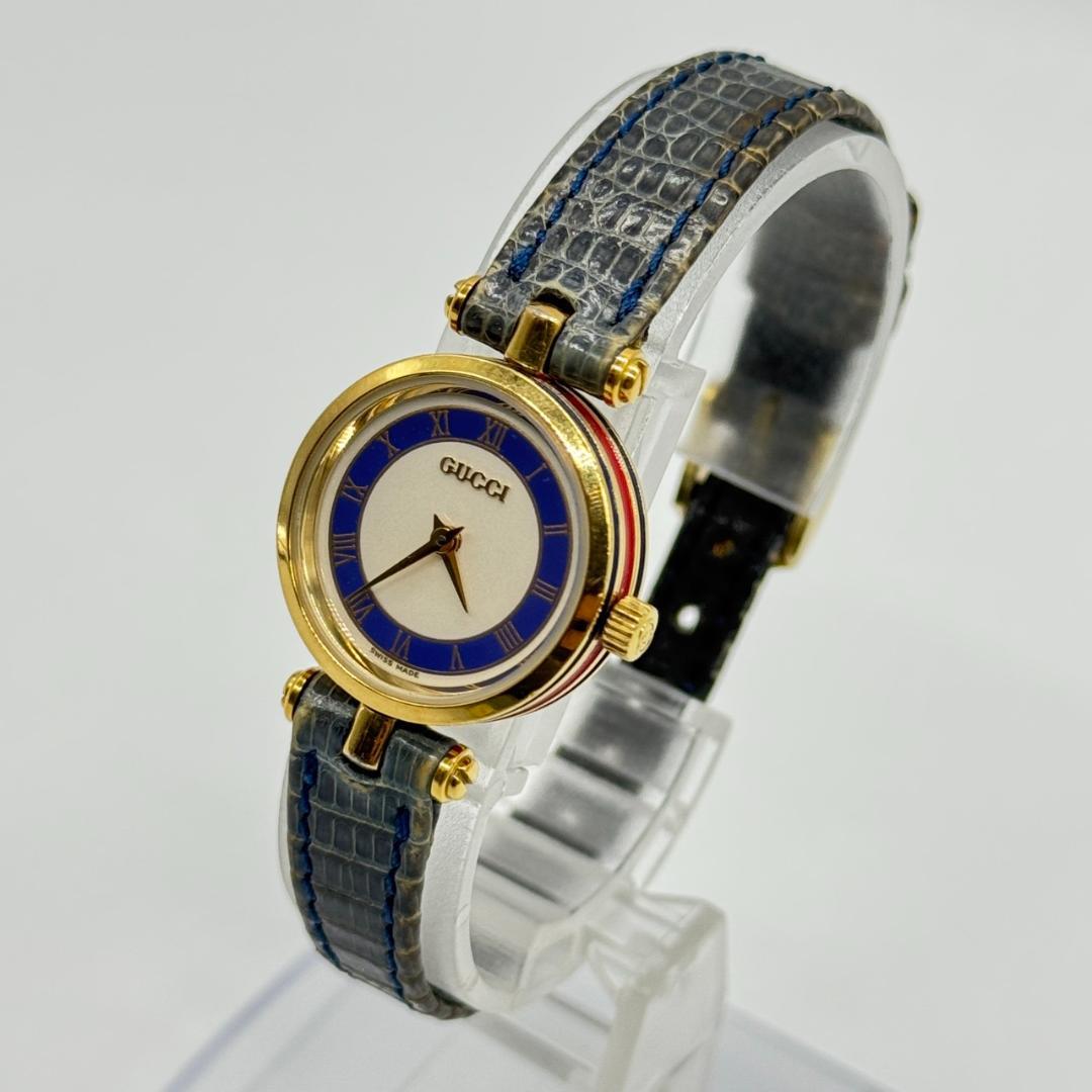 稼働品 GUCCI グッチ 腕時計 シェリーライン 白文字盤 クォーツ 青 2針