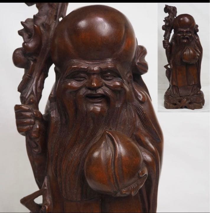 送料無料　清時代 龍眼木彫刻寿老人　高さ31ｃｍ