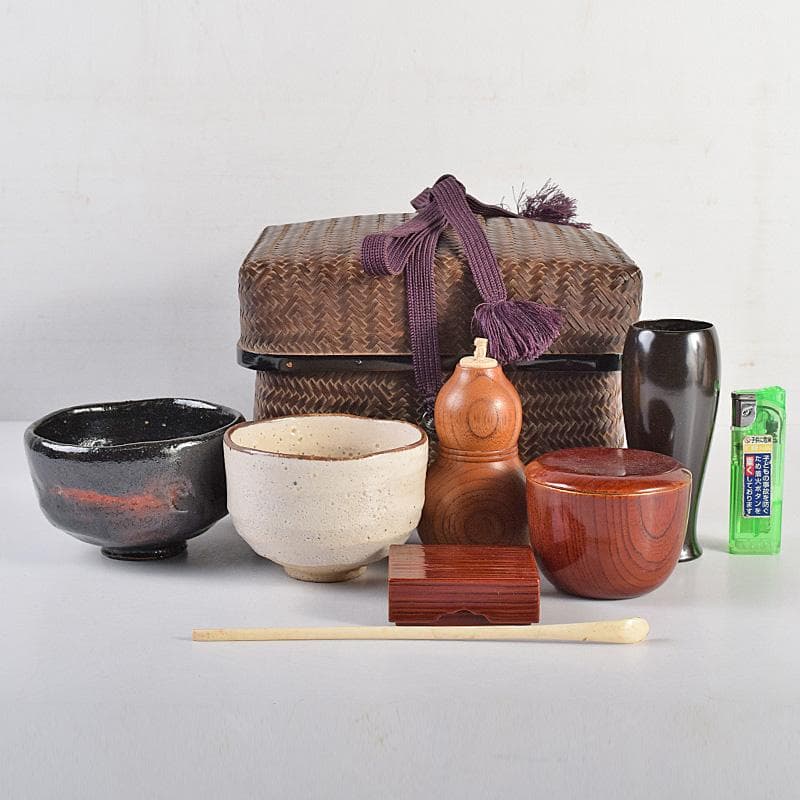茶道具　御所籠　茶籠　黒楽茶碗　振出など　十一点一式　時代箱付　F　R8766B