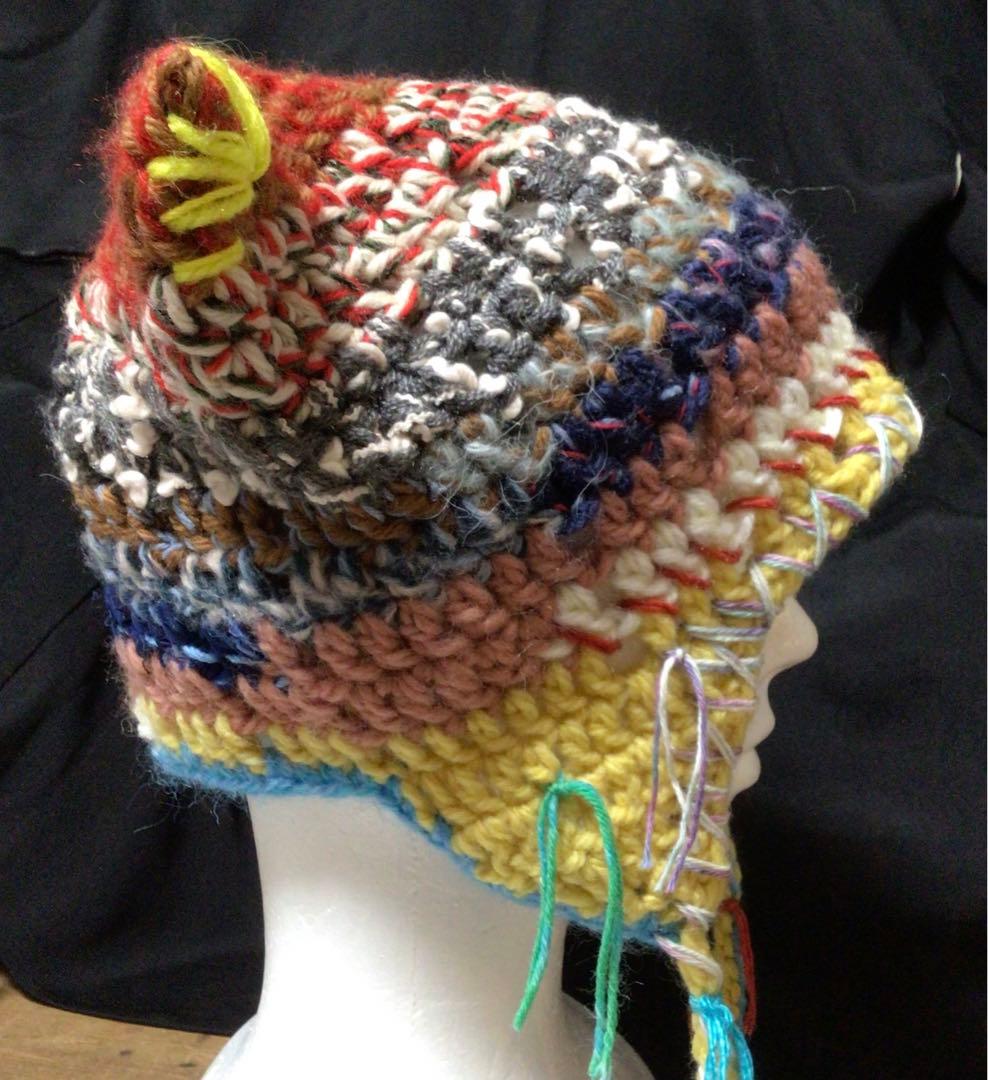 手作り猫耳　耳当てニット帽　イタリー製糸　野呂英作糸　茶　黄色他