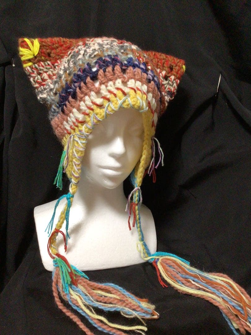 手作り猫耳　耳当てニット帽　イタリー製糸　野呂英作糸　茶　黄色他