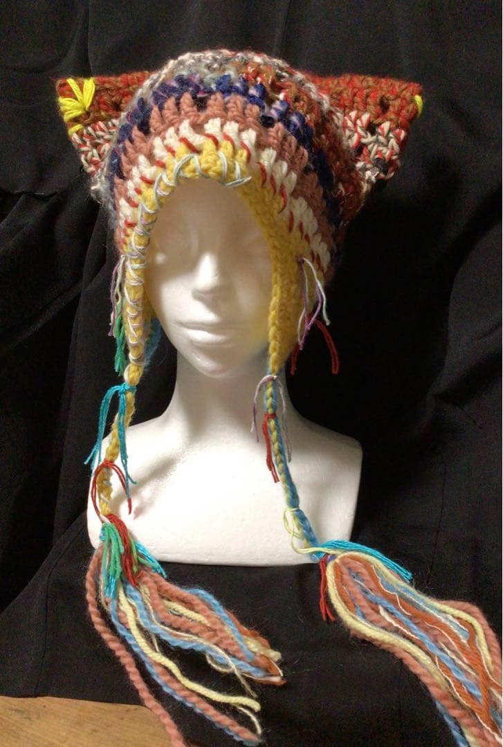 手作り猫耳　耳当てニット帽　イタリー製糸　野呂英作糸　茶　黄色他