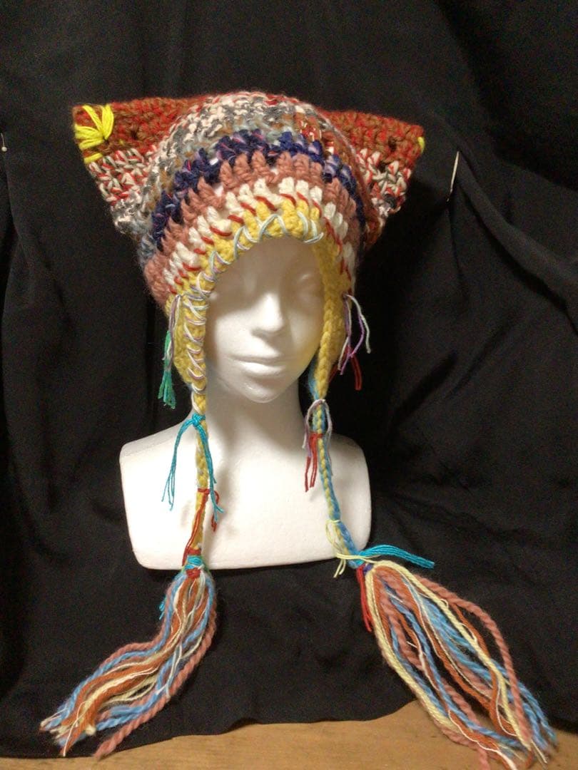 手作り猫耳　耳当てニット帽　イタリー製糸　野呂英作糸　茶　黄色他