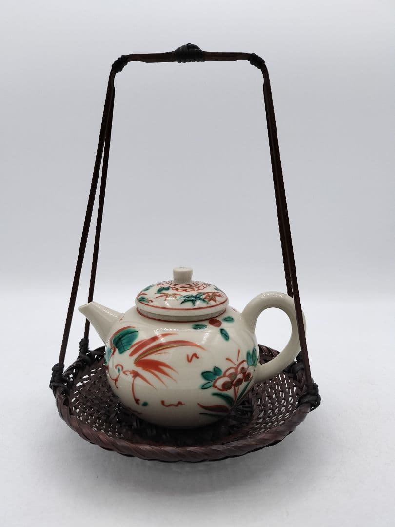 c793 煎茶　廻し篭セット 赤絵 後手急須 晃雲作 廻し籠　茶道具 古物