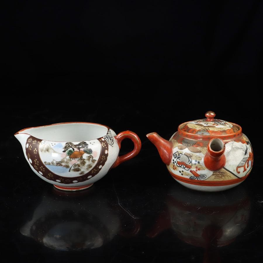 Y3337-1 九谷焼 金彩赤絵 煎茶碗揃 急須・湯冷まし・煎茶碗 共箱　　よ