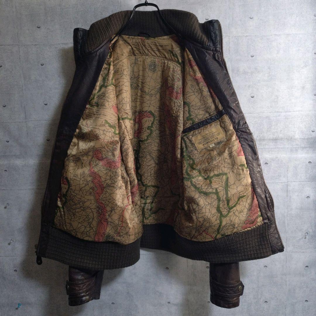 AVIREX★牛革 リアルレザー バックプリント レザージャケット 茶 L