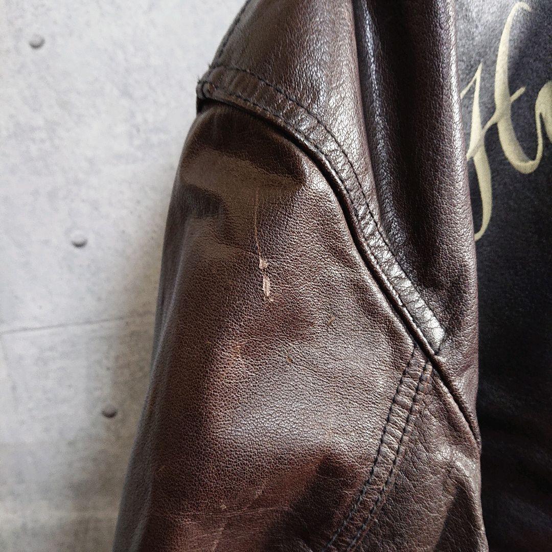 AVIREX★牛革 リアルレザー バックプリント レザージャケット 茶 L