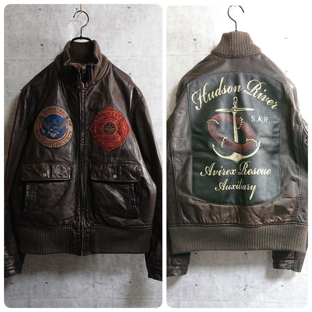 AVIREX★牛革 リアルレザー バックプリント レザージャケット 茶 L