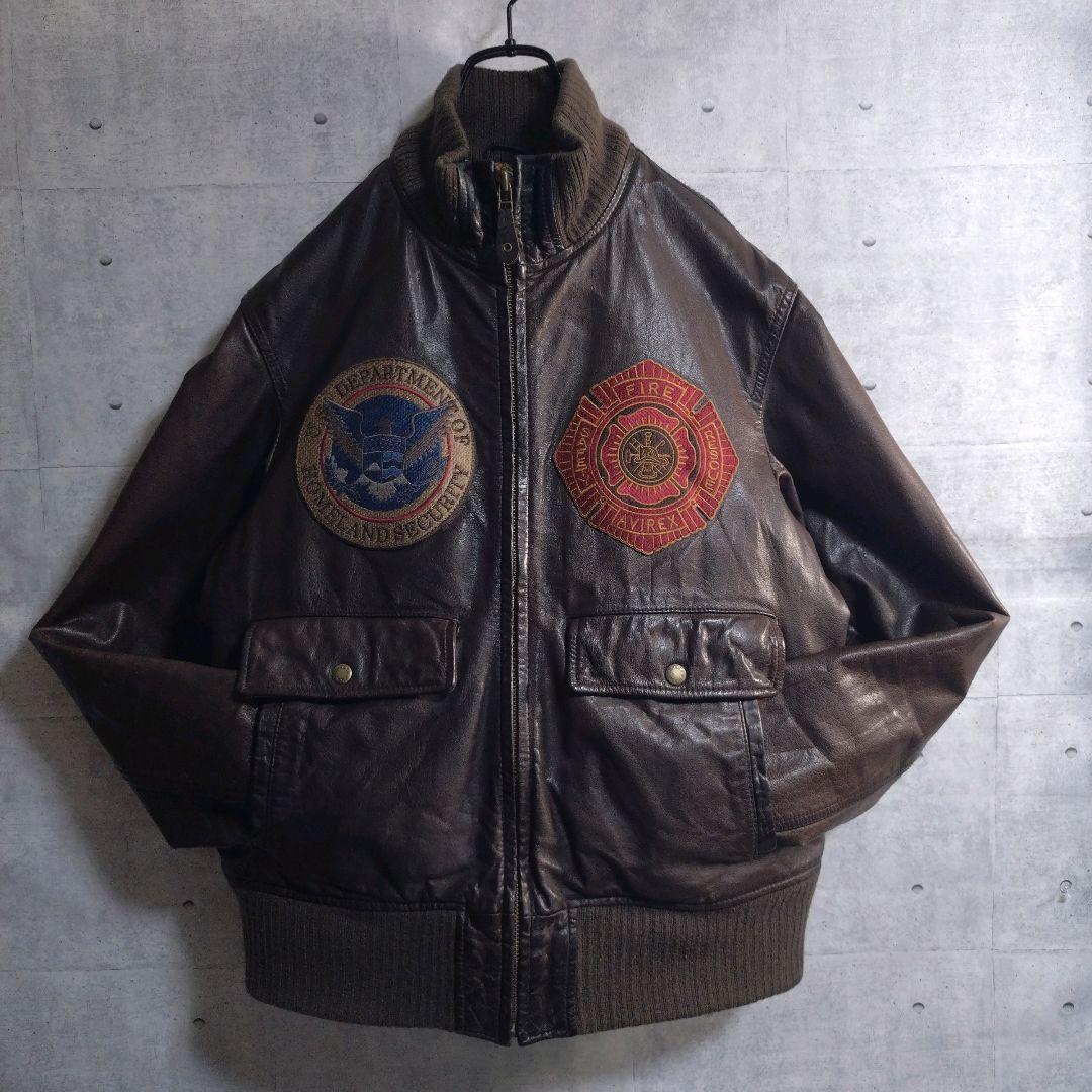 AVIREX★牛革 リアルレザー バックプリント レザージャケット 茶 L