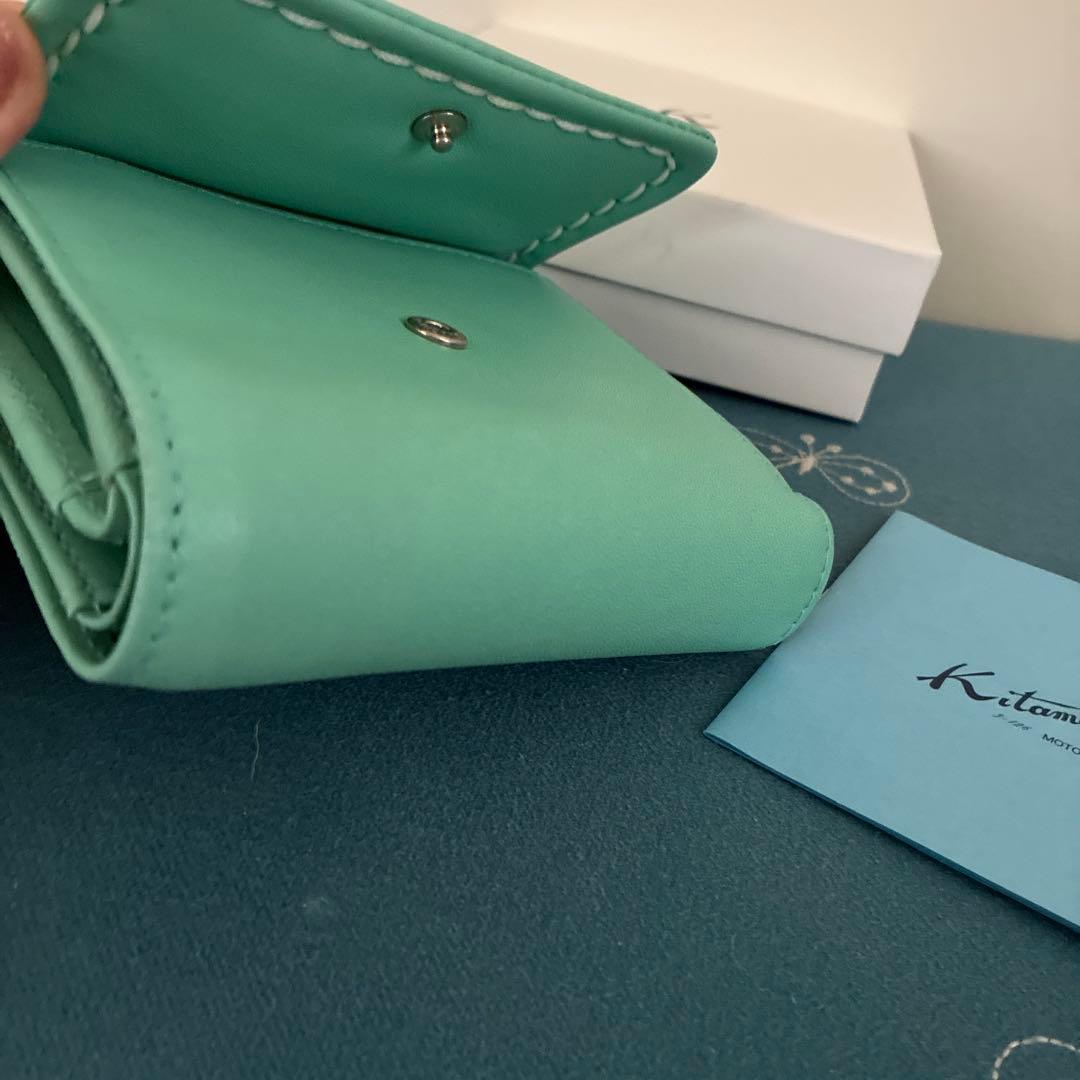 極美品　キタムラ　二つ折り財布　ティファニーブルー　ステッチ