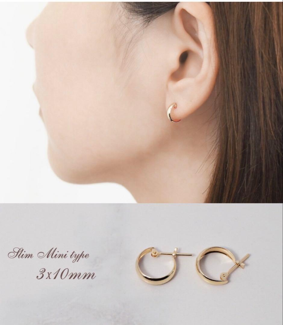 18金　3×10㎜　ミニフープピアス イエローゴールド K18