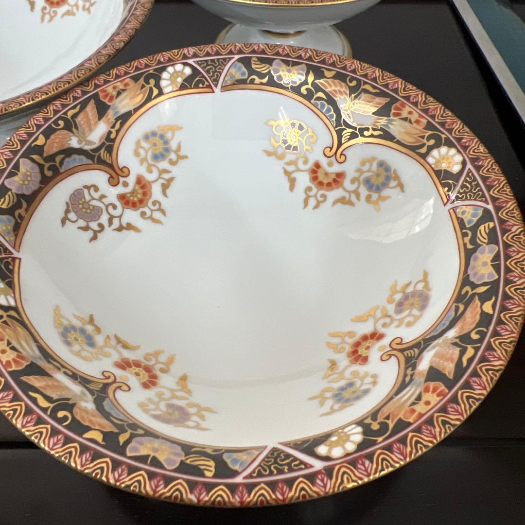 其泉窯 錦黒外濃金海松鳳凰文 明治伊万里 高台皿５枚セット