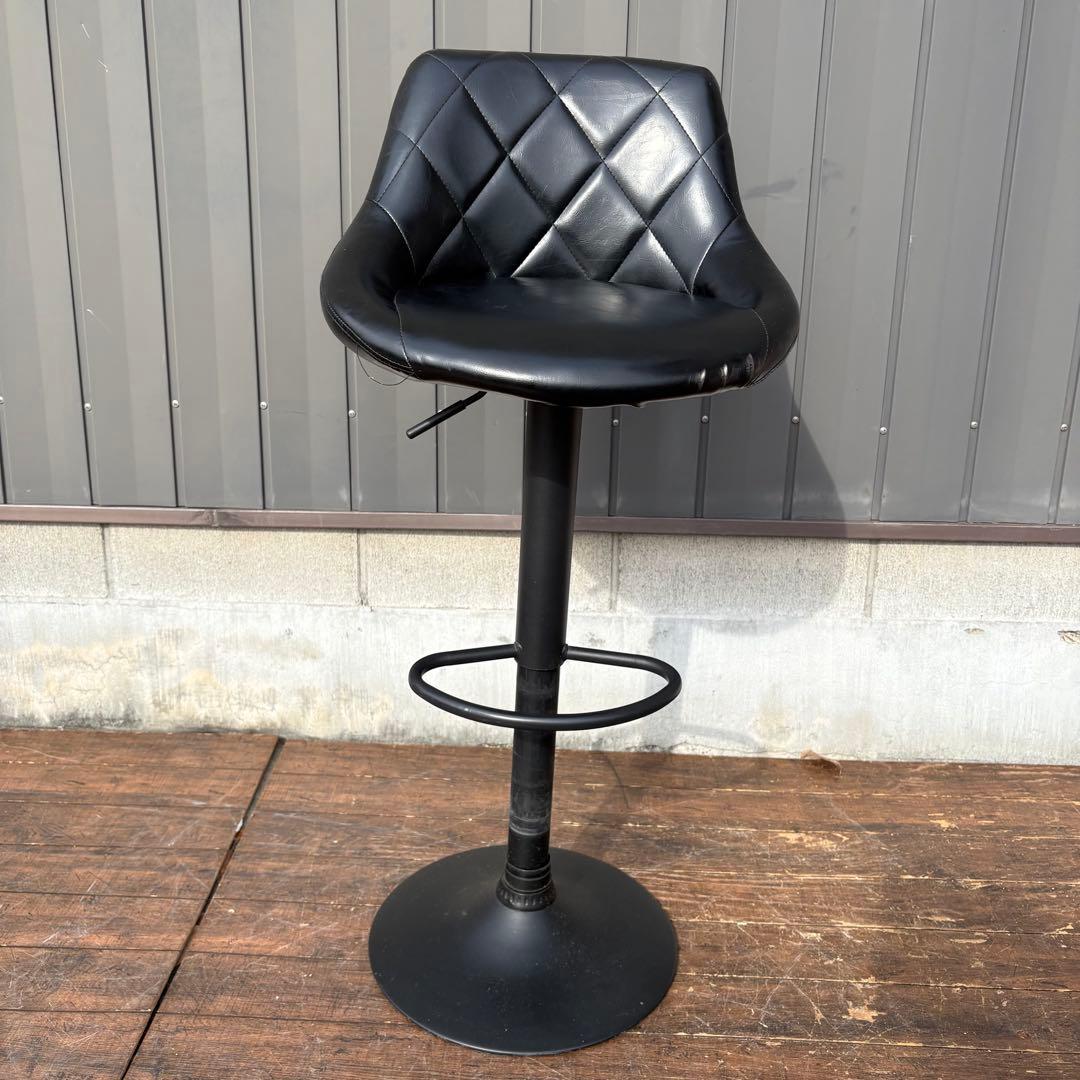 北欧レトロ キルティングレザー 回転式 カウンターチェア バーチェア 古家具 黒