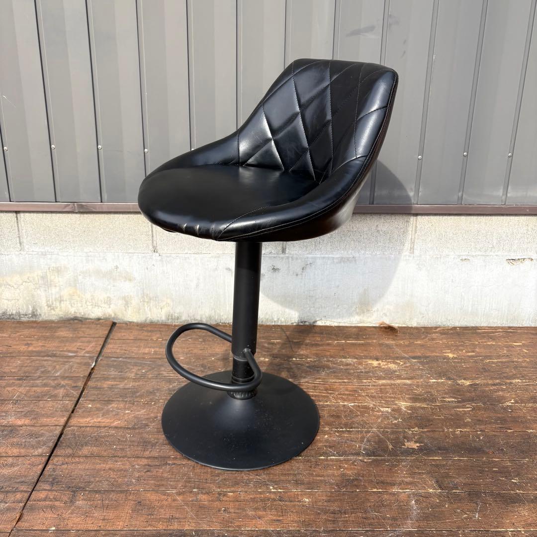 北欧レトロ キルティングレザー 回転式 カウンターチェア バーチェア 古家具 黒