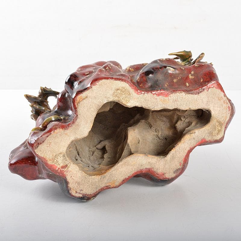 くまくま　中国　石湾陶器　岩に蟹　置物　在銘　F　R5156