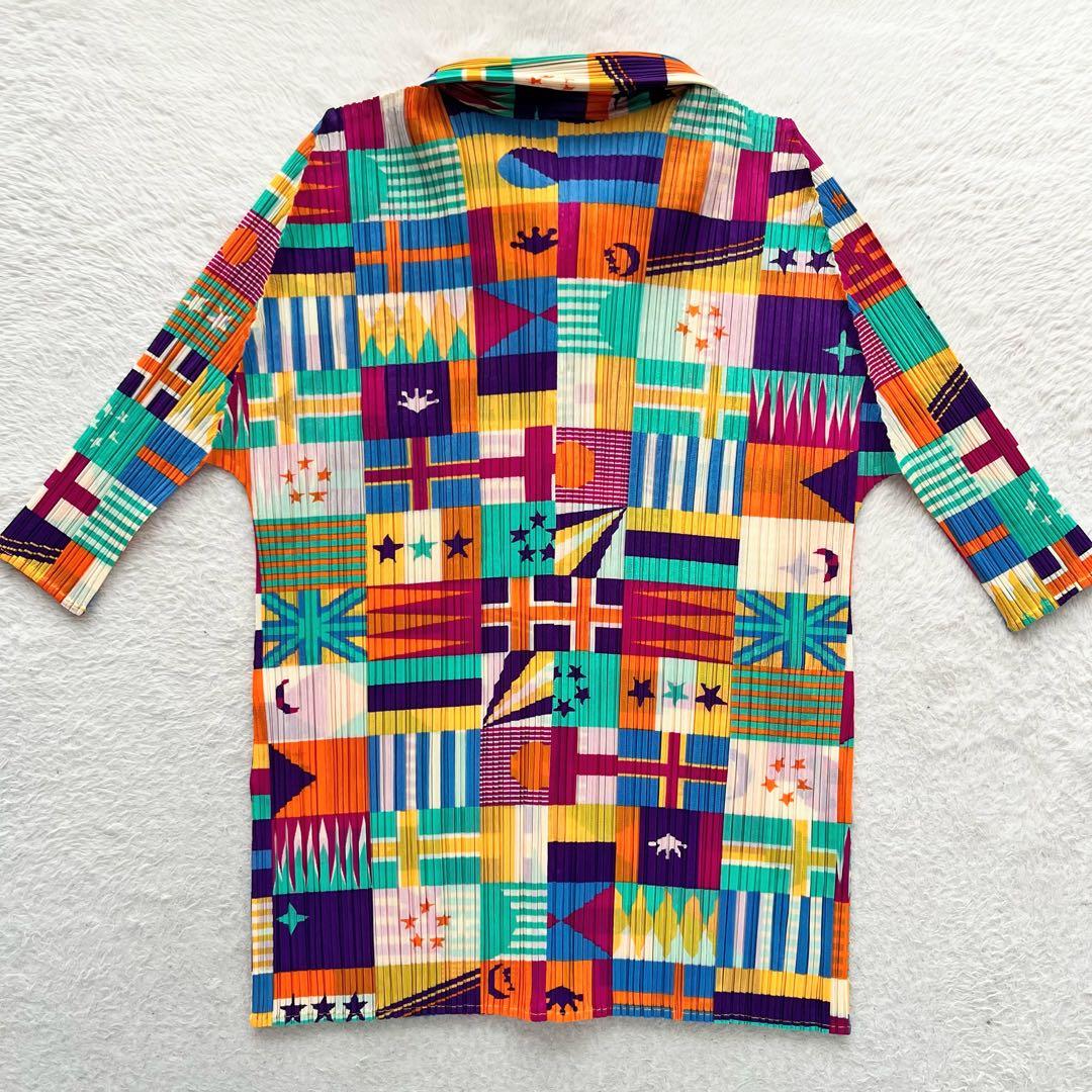 極美品✨ PLEATS PLEASE イッセイミヤケ シャツ 総柄 国旗