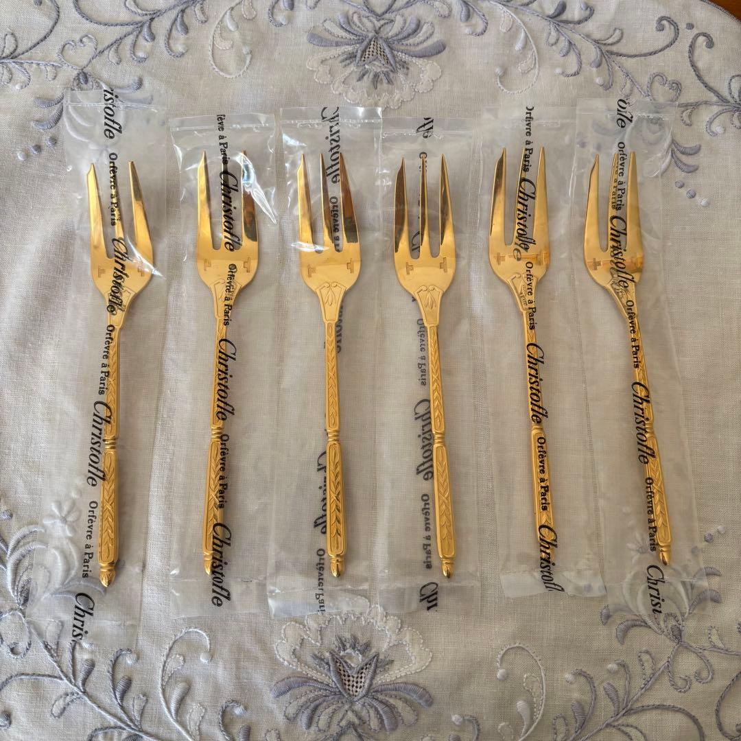 クリストフル ナターシャ6本 24金プレート デザートフォーク フランス 廃盤