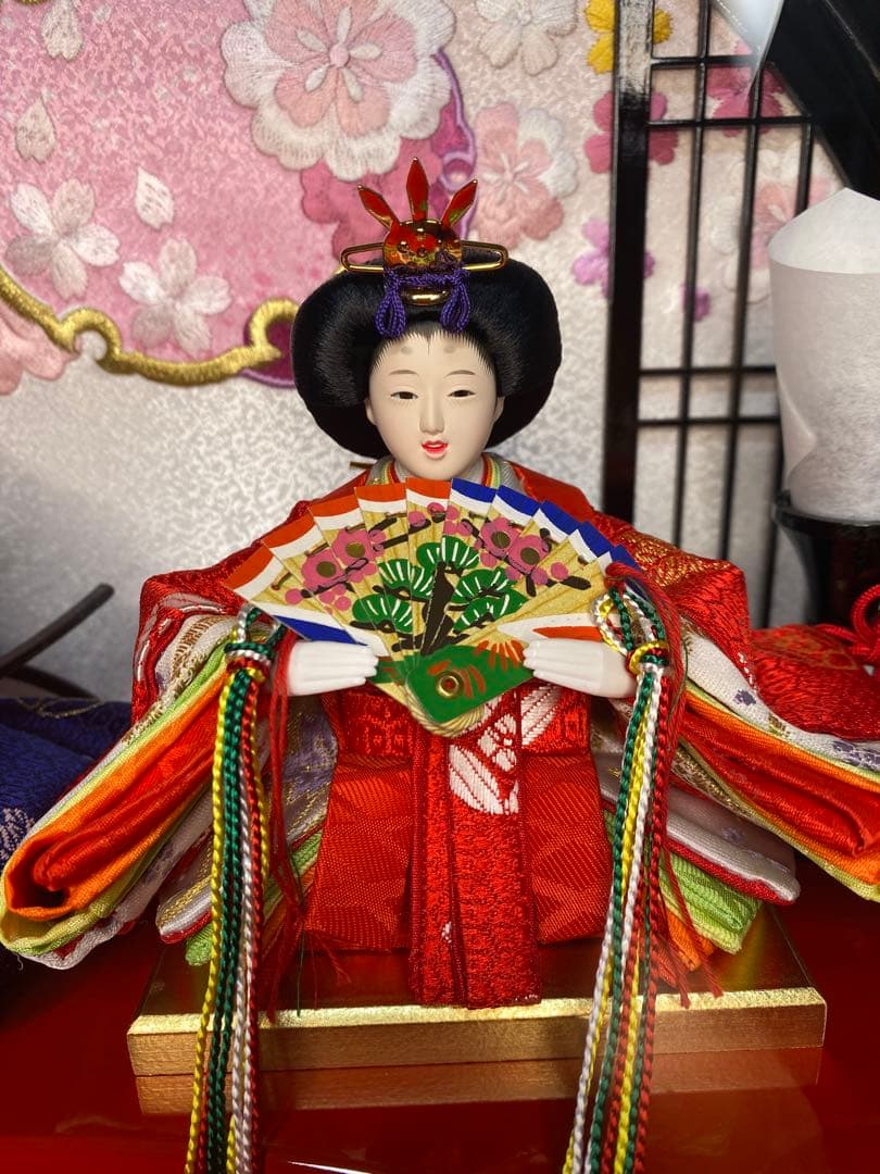 雛人形　五人飾り円型アクリルケース入・間口約４４×奥約２３×高約４５㎝