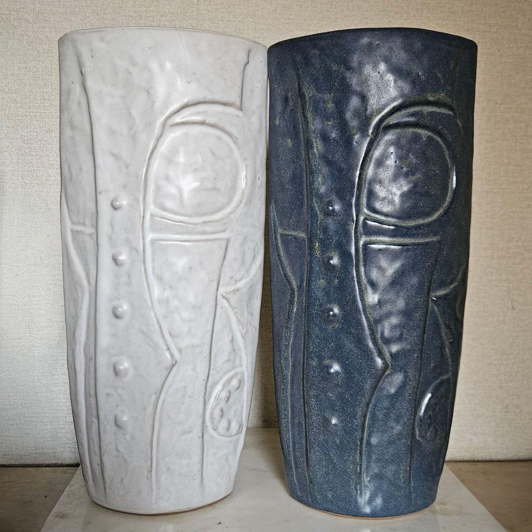 訳あり☆Akanbi 花瓶 2点セット ネイビー＆ホワイト 陶器製 円筒 作家物