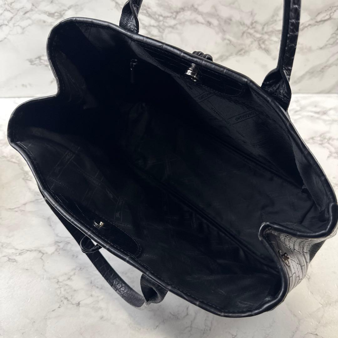 LONGCHAMP ロンシャン 本革 クロコ型押しレザートートバッグ 黒ブラック