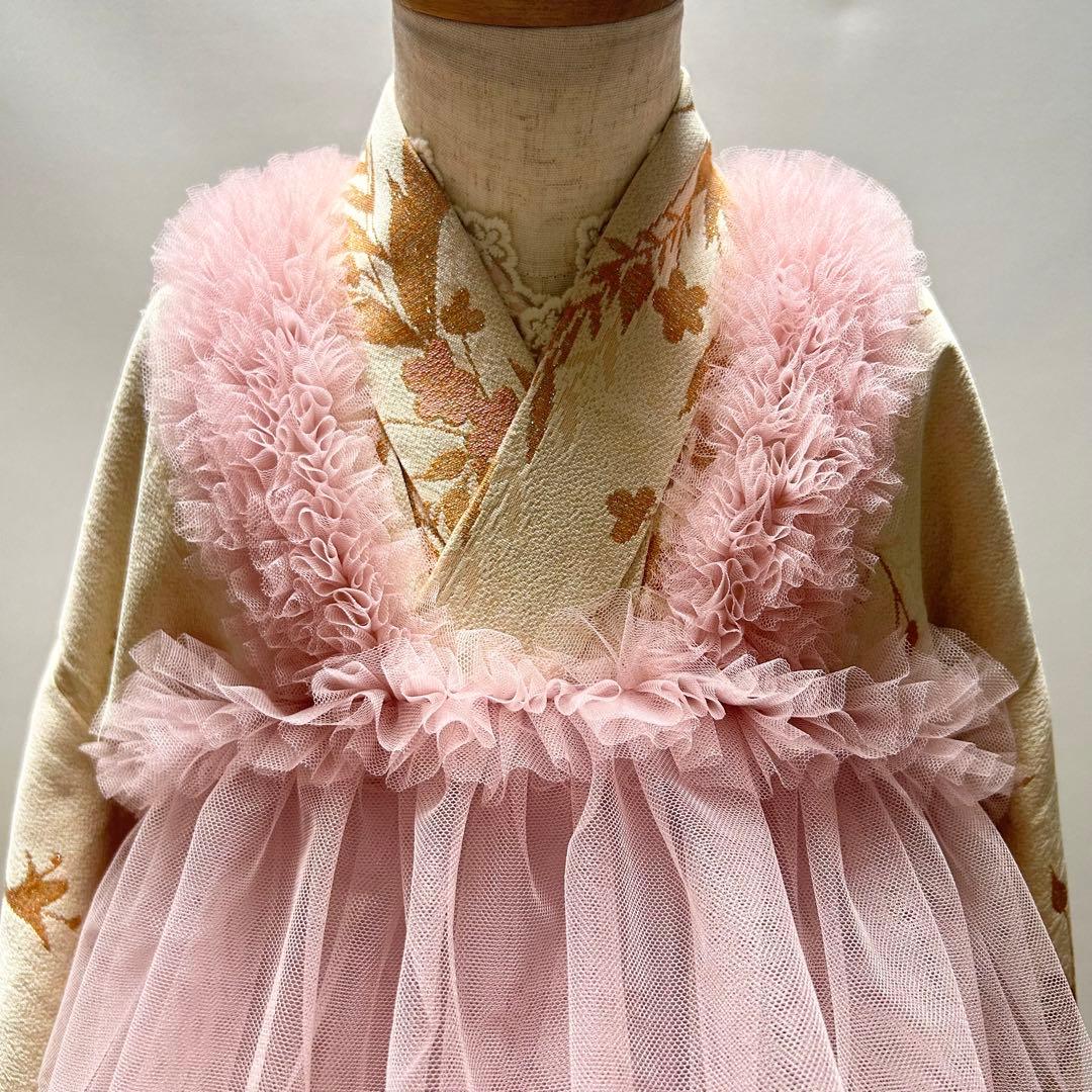 被布エプロン【ローズピンクフリル】チュール被布　被布ドレス　七五三チュールドレス